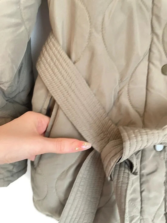 EVEREVE long green quilt jacket snap buttons with fabric belt size small - Picture 2 of 6